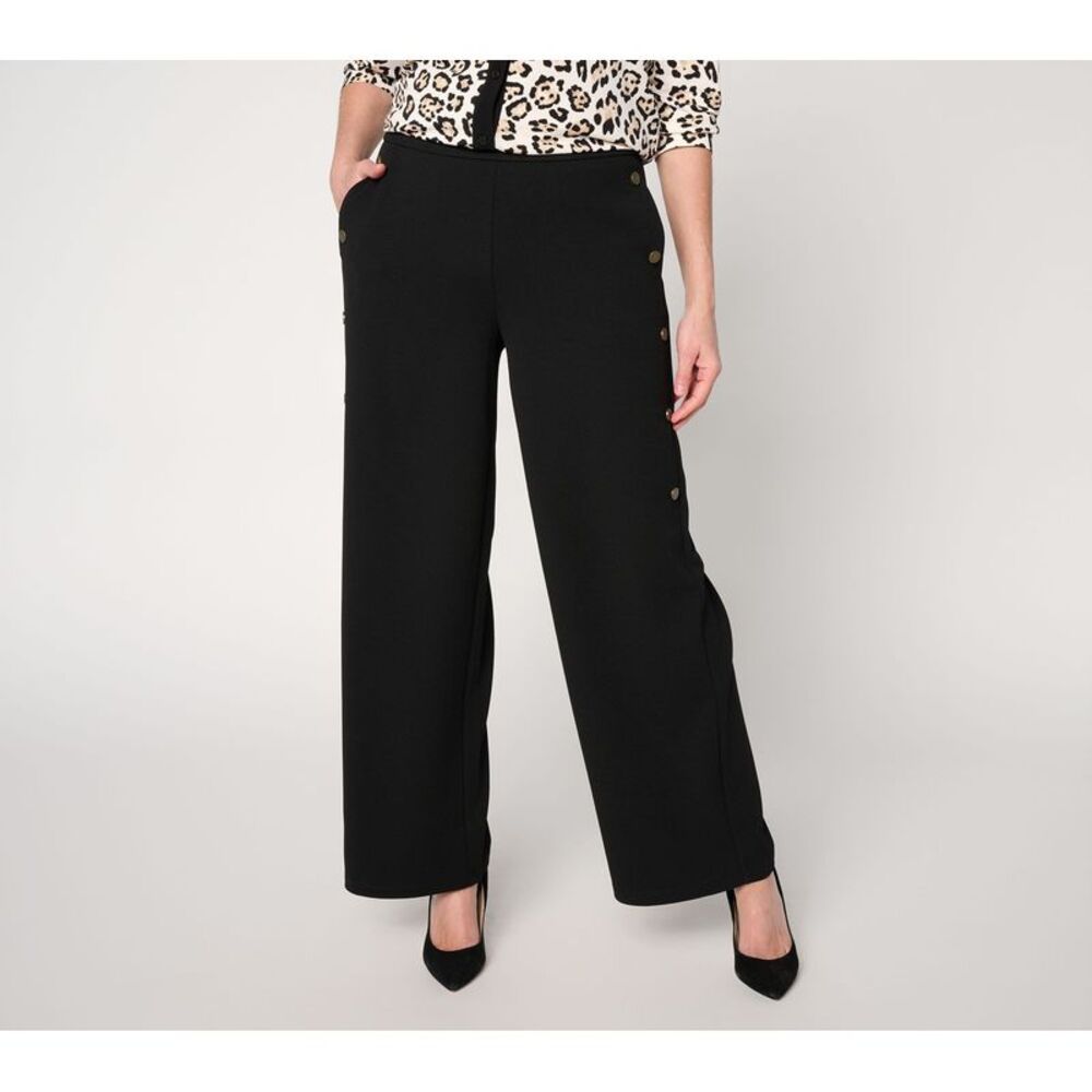 Dennis Basso Women's Pants Sz L Luxe Crepe Pant With Button Details Black